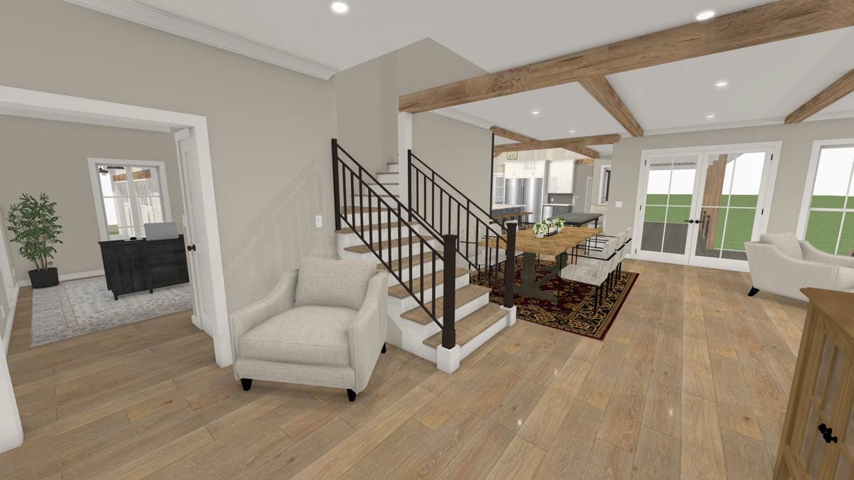 Interior rendering of a great room featuring exposed beams, a staircase with black railing, and French doors leading to a porch.