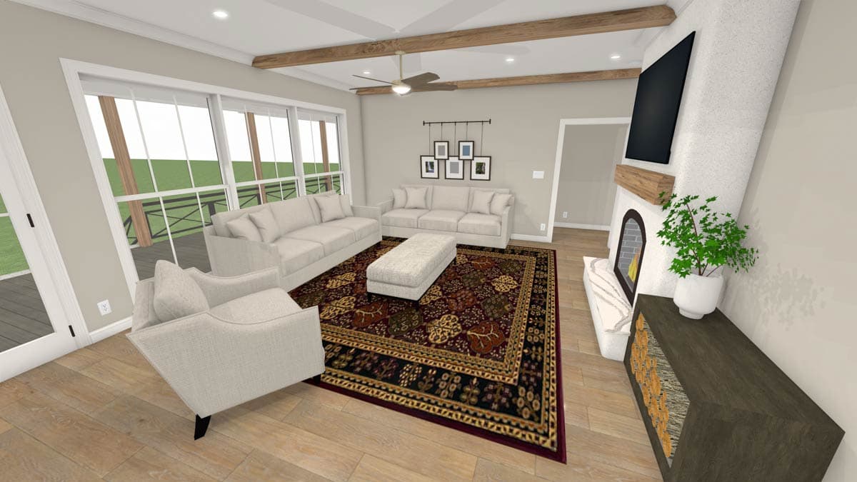Living room rendering with exposed beams, fireplace, large windows, and an open layout with sofas and an ottoman.