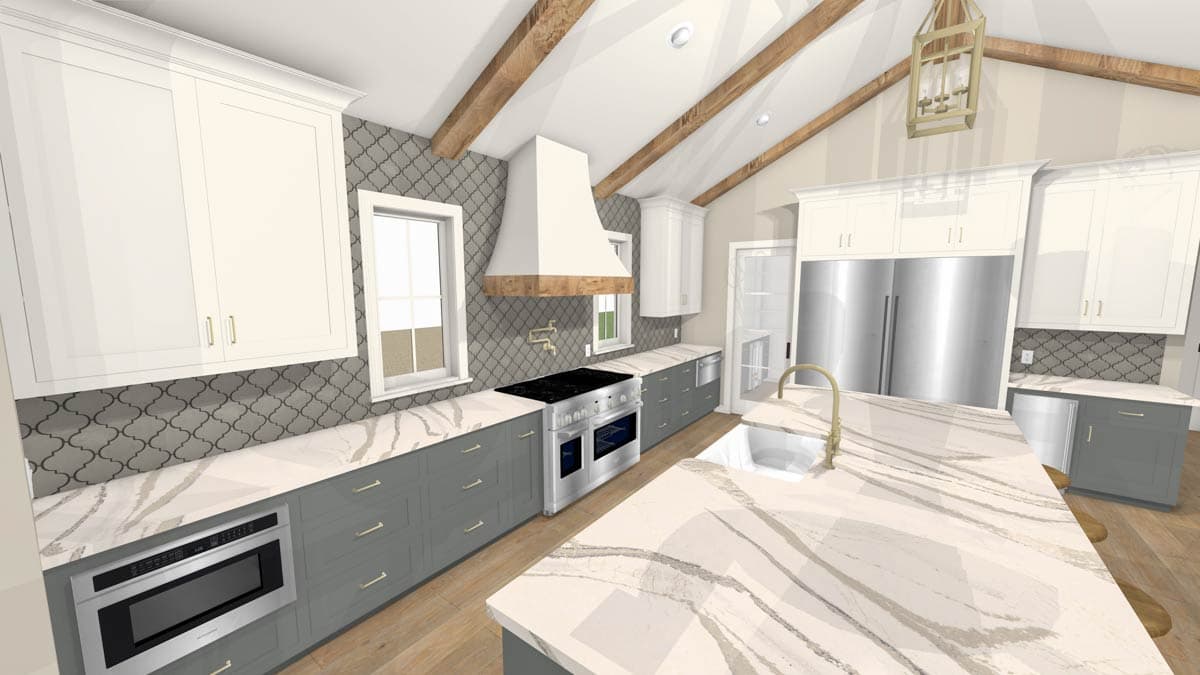 Kitchen rendering with vaulted ceiling, large island with sink, and range with hood. Includes two-tone cabinetry.