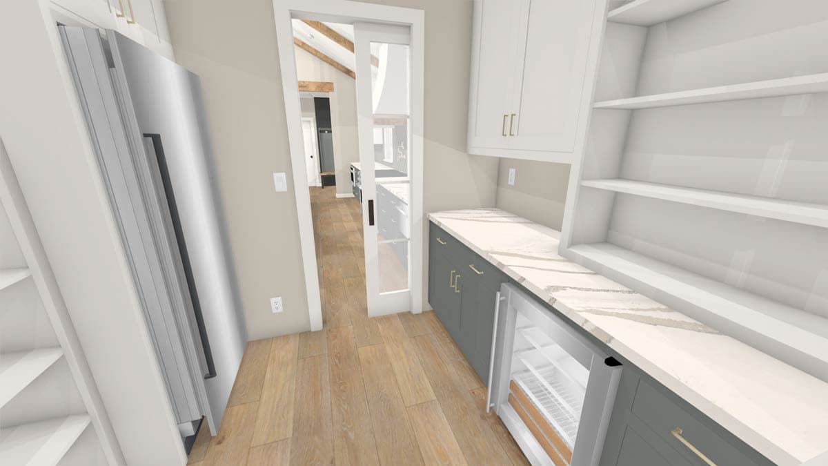Kitchen interior rendering with open shelving and cabinetry. Features include a countertop, under-cabinet beverage fridge, and light wood flooring.