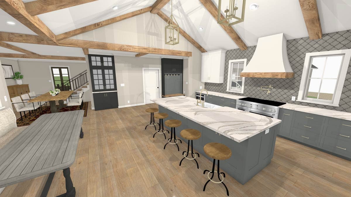 Kitchen interior rendering with vaulted ceiling, exposed beams, large island with seating, and adjacent dining area.