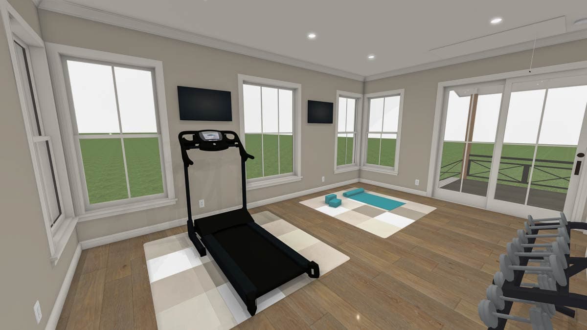 Interior rendering of a home gym. Features include large windows, a treadmill, and sliding glass doors with access to an exterior balcony.