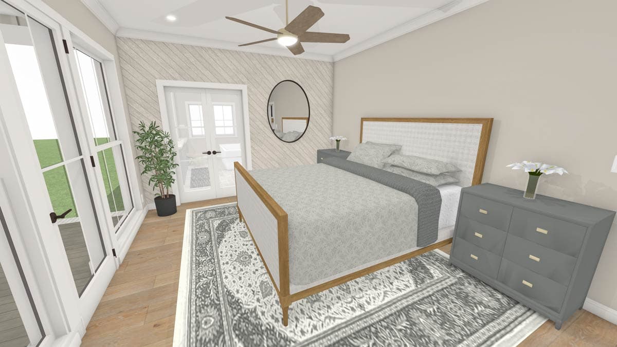 Bedroom rendering with large windows, double doors, and a decorative rug. Includes bed, dresser, and ceiling fan.