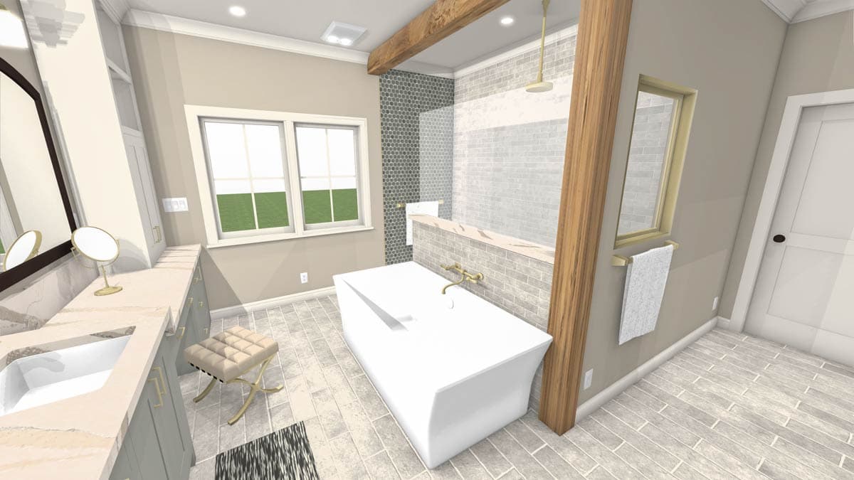 Bathroom rendering with freestanding tub, a walk-in shower, and a vanity with a large mirror.