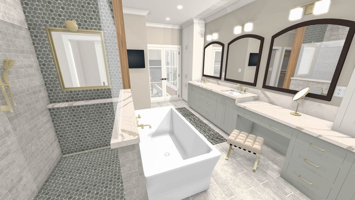 Bathroom rendering with a freestanding tub, a large vanity with arched mirrors, and a separate shower area with tiled walls.