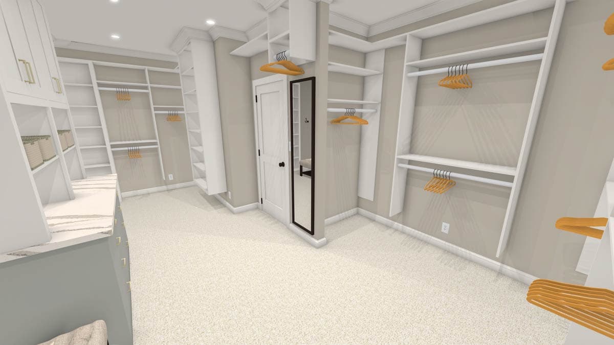 Walk-in closet rendering. Features include custom shelving, hanging rods, full-length mirror, and neutral carpet flooring.