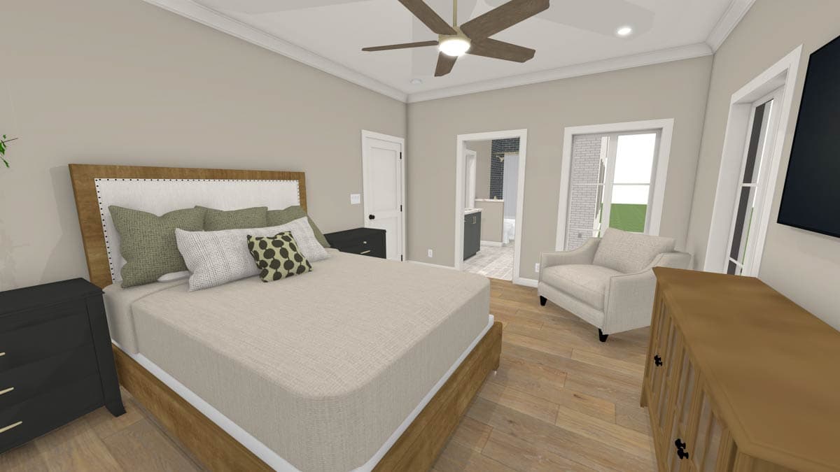 Bedroom interior rendering showing bed, open doorway to bathroom, ceiling fan, and chair near large window.