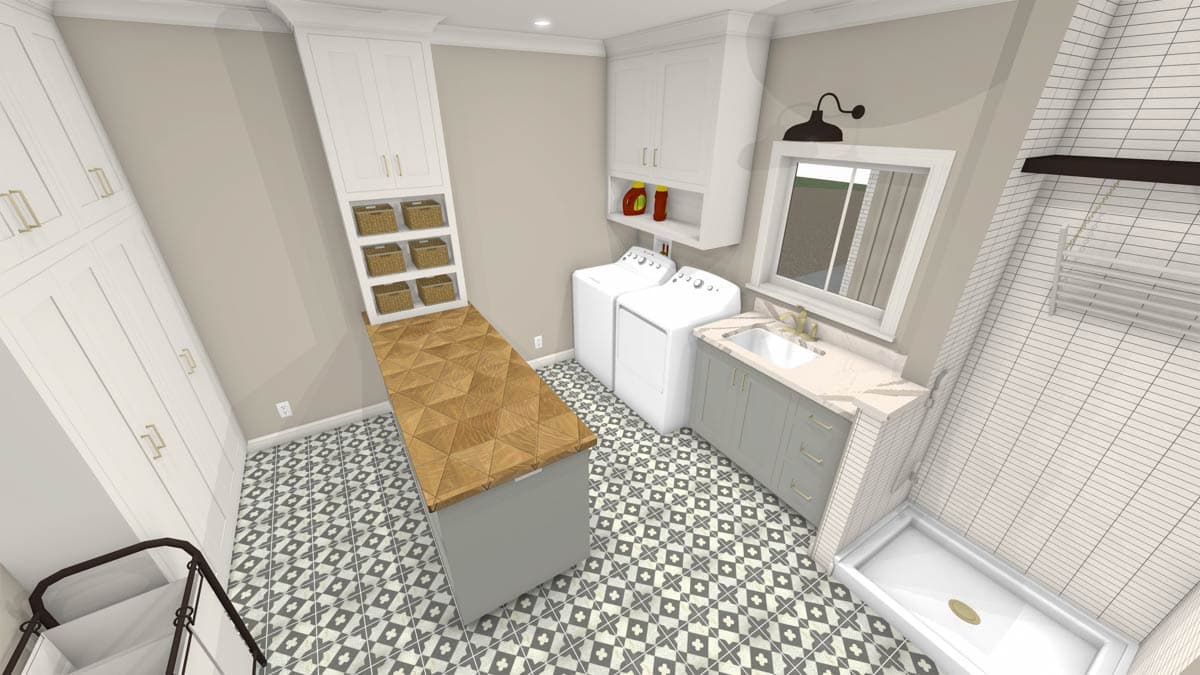 Laundry room rendering showing a built-in cabinet, open shelving, a countertop island, and a sink with cabinetry.