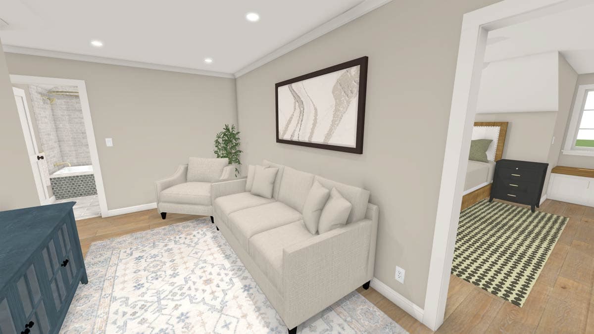Interior rendering of a living area. Features include a sofa, armchair, and open doorway leading to a bedroom. A bathroom doorway is also visible.
