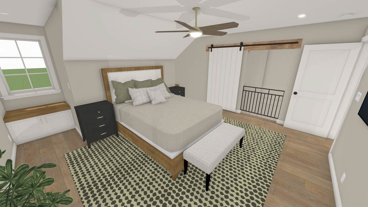 Bedroom rendering with sloped ceiling, large window, and sliding barn door. Includes a bench at the foot of the bed and a ceiling fan.