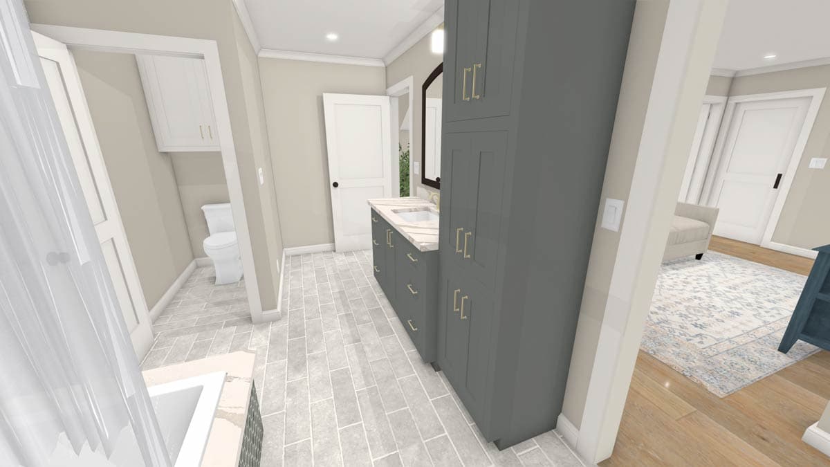 Bathroom rendering with vanity, linen cabinet, and a view into a secondary room with rug and chair. A toilet is visible in another space.
