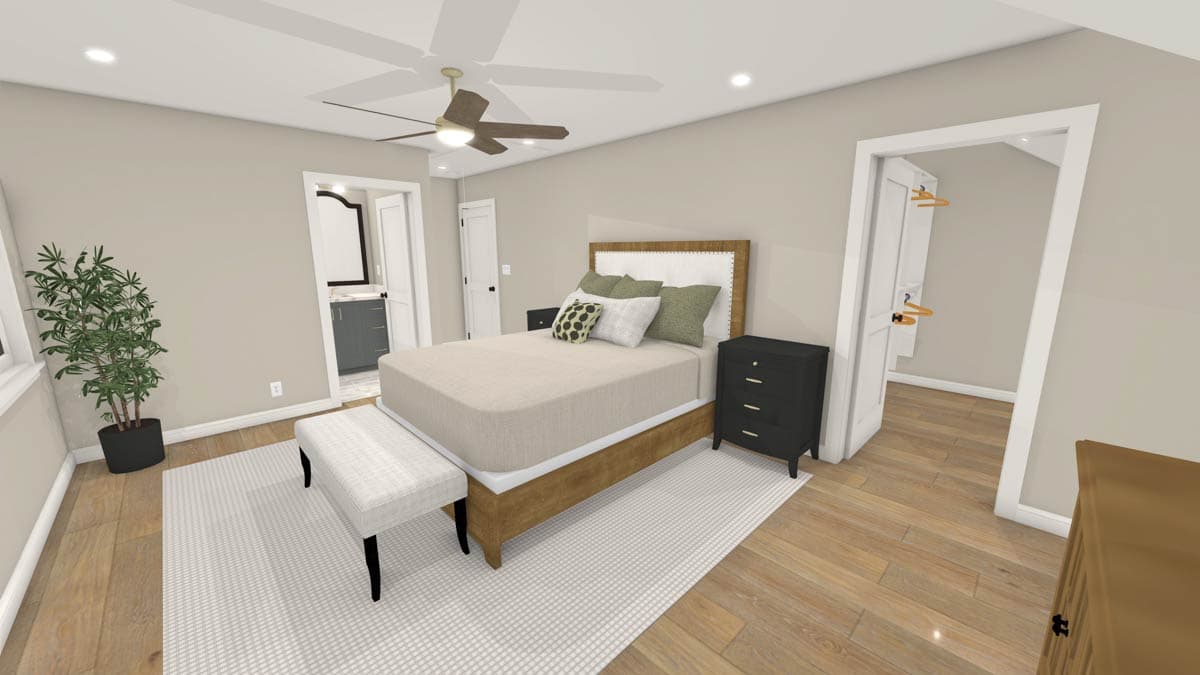 Bedroom rendering with ceiling fan, upholstered headboard, and wood flooring. Features include an adjacent bathroom and walk-in closet.