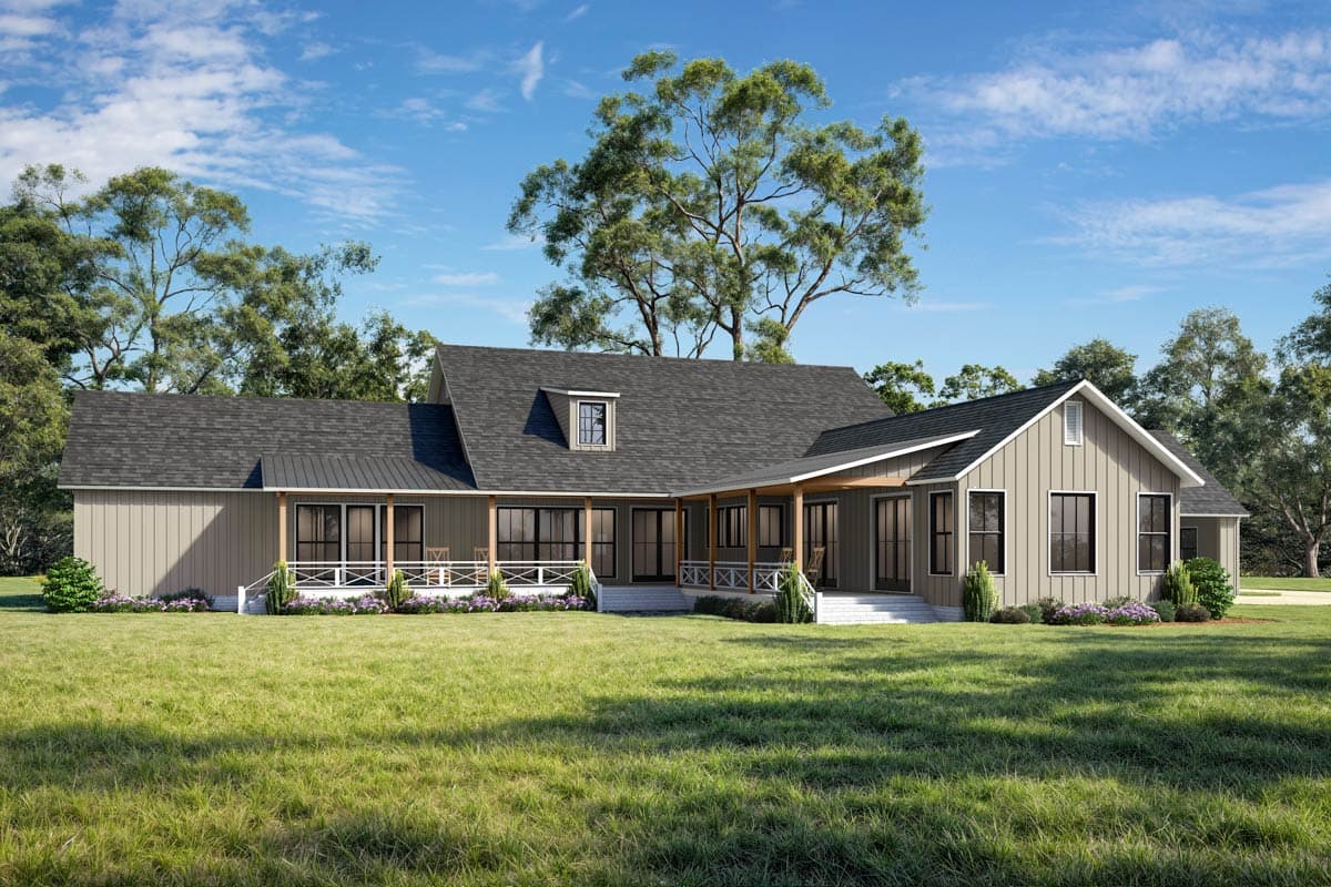 House plan exterior. Farmhouse style, single-story home with a wrap-around porch, gabled roof, and dormer windows.