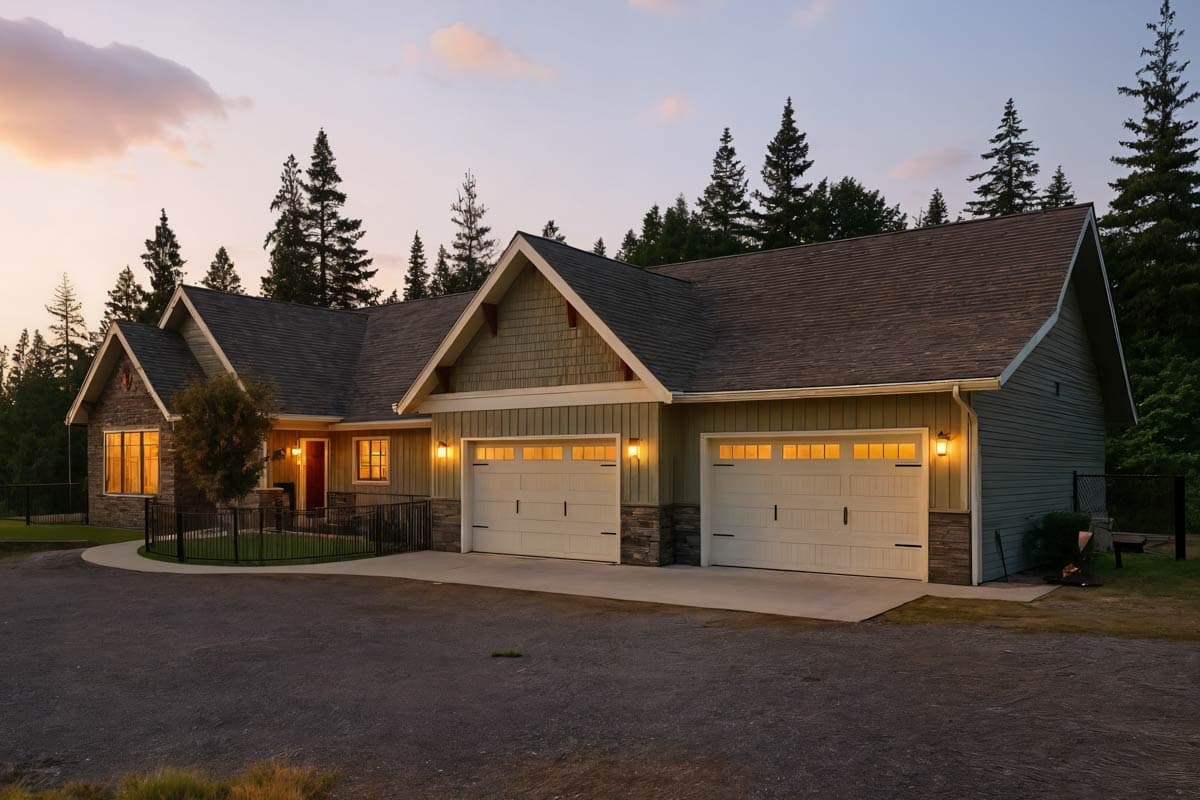House plan exterior with stone accents, multiple gables, and a three-car garage.