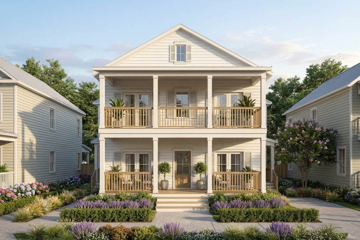 A two-story white house with a porch on both floors is flanked by smaller houses, and a manicured garden with lavender and bushes.