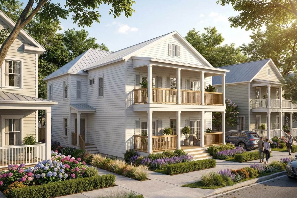 Two-story house plan exterior with gabled roof, double-level balconies, and white siding.