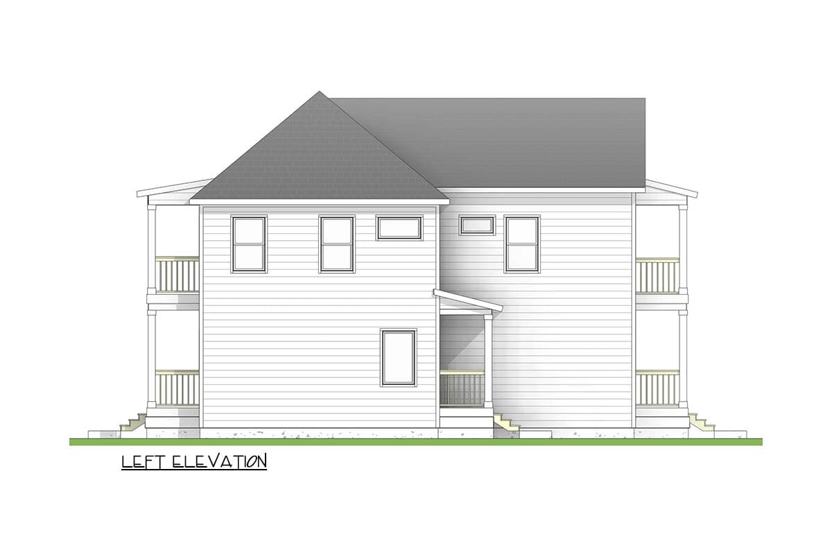 Left elevation drawing of a two-story house plan featuring multiple windows, a covered entry, and double-decker porches.