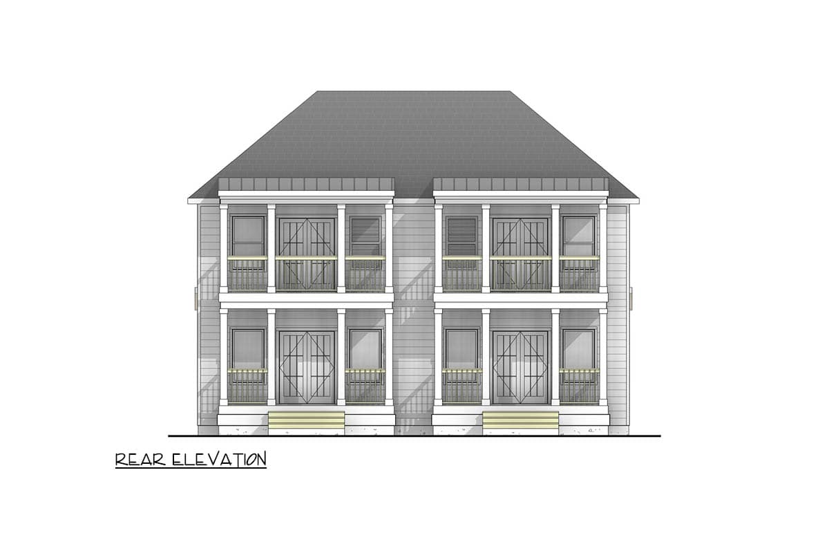Rear elevation of a two-story house plan with double balconies and prominent columns.