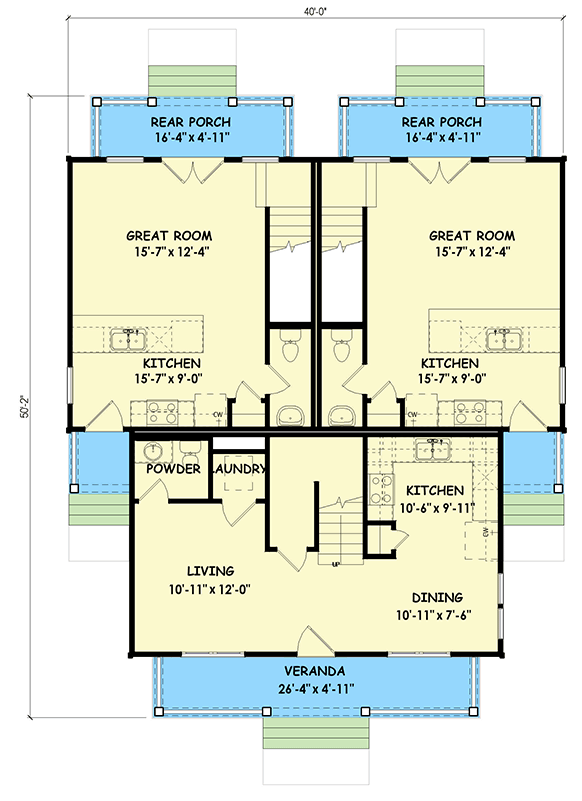 Plan 100364GHR: 4-Bedroom Southern Traditional Multi-Unit House Plan with Stacked Porches - Floor Plan - Main Level - Southern Traditional, Traditional