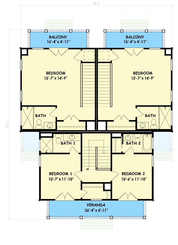 Plan 100364GHR: 4-Bedroom Southern Traditional Multi-Unit House Plan with Stacked Porches - Floor Plan - 2nd Floor - Southern Traditional, Traditional