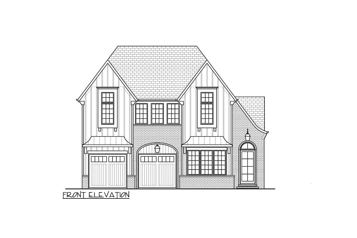 Front elevation drawing of a two-story house plan with two garages, gabled dormers, and arched entry.