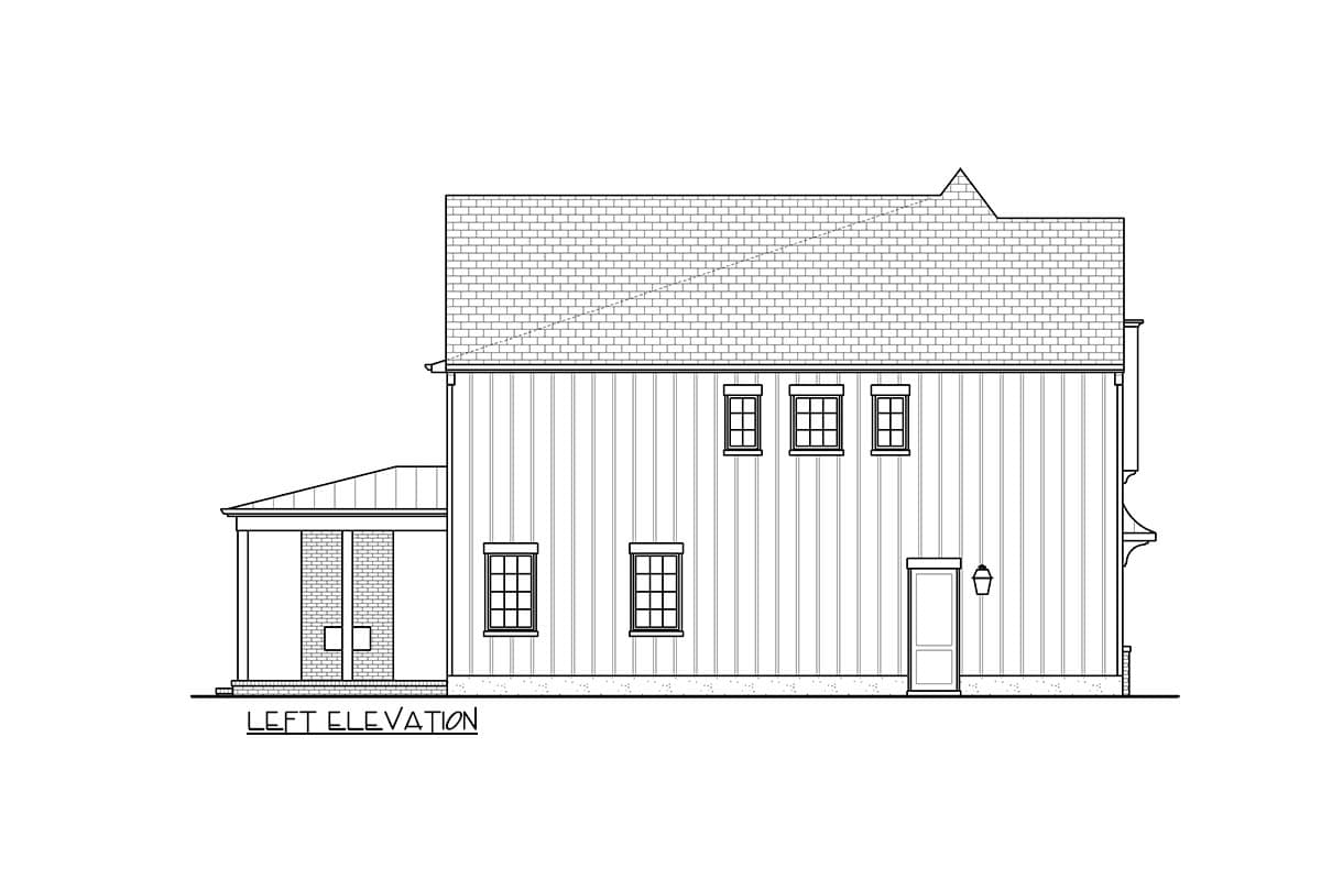 Left elevation drawing of a two-story house with vertical siding, gabled roof, and multiple windows.