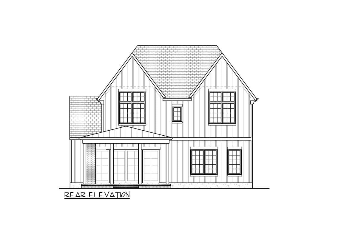 Rear elevation drawing of a two-story house plan with gables, double front door, and grid windows.