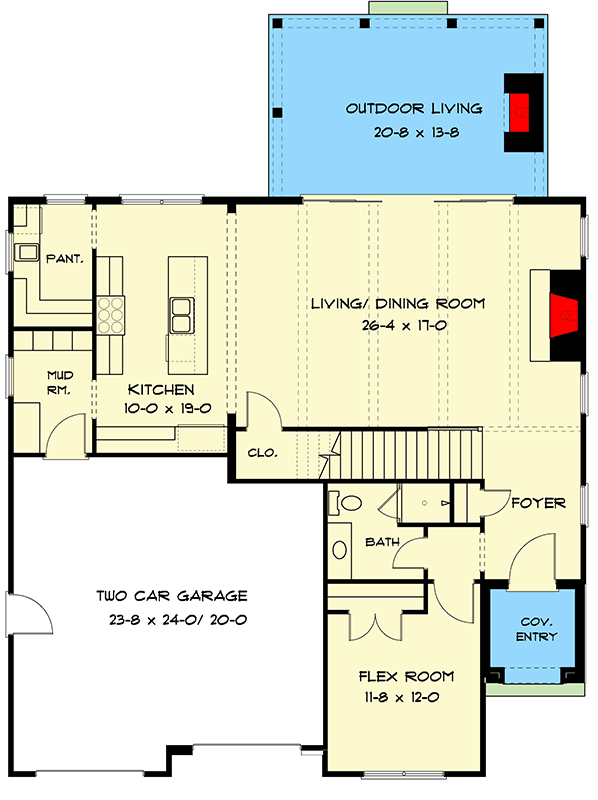 Plan 93233EL: Sophisticated 4-Bedroom Modern Tudor House Plan with Bonus Room - Floor Plan - Main Level - Contemporary, European, Tudor