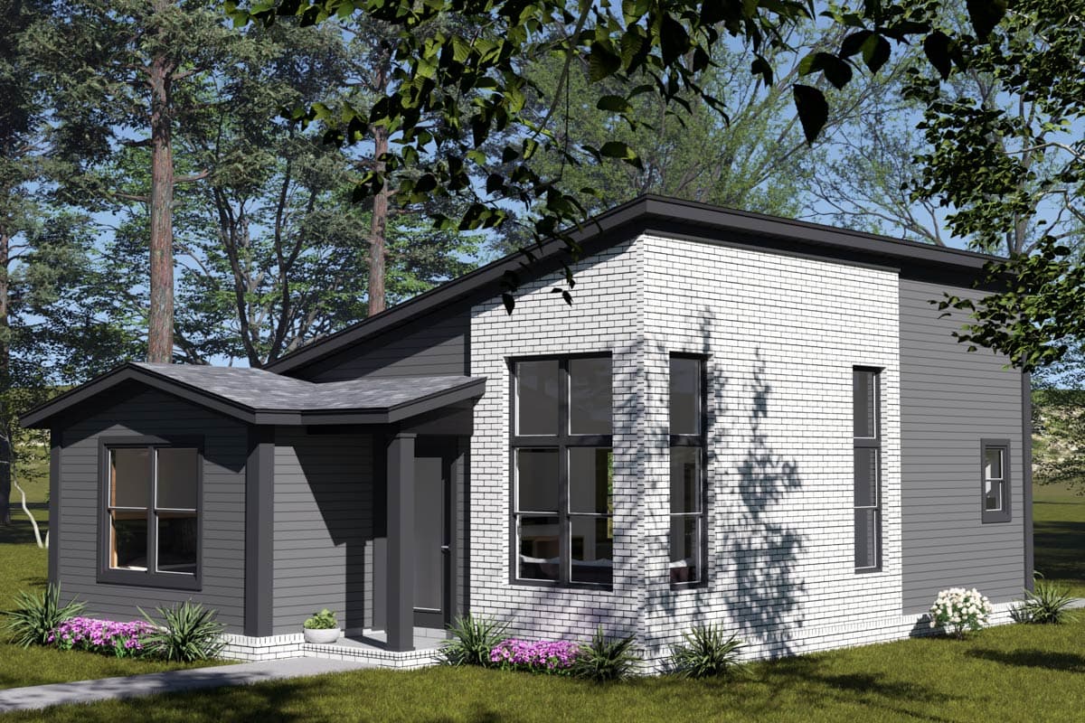 Modern house plan exterior, one story, with dark siding, white brick, shed rooflines, and covered entry.