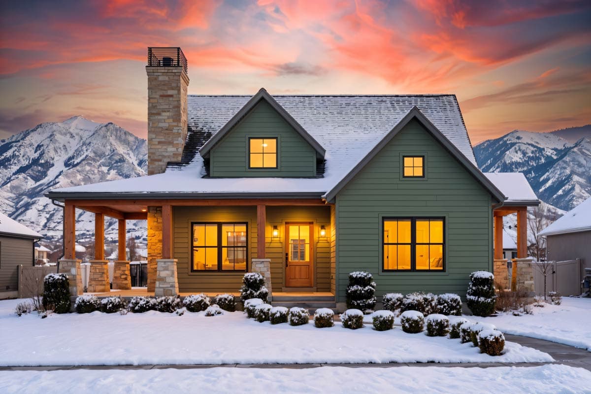 House plan exterior: Modern Farmhouse style, two stories, stone chimney, covered porch with wood beams and stone supports, gable dormers.