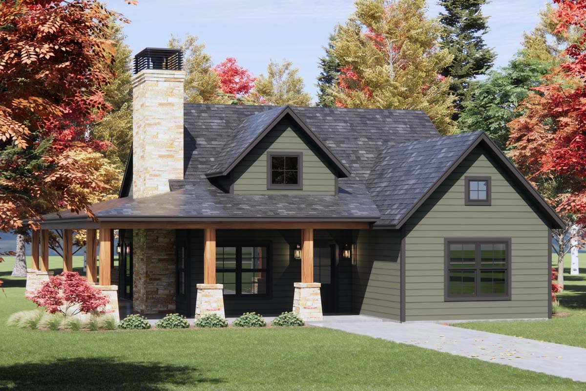 House plan exterior: Craftsman style, one story, with stone chimney, covered porch, gables, and dormers.