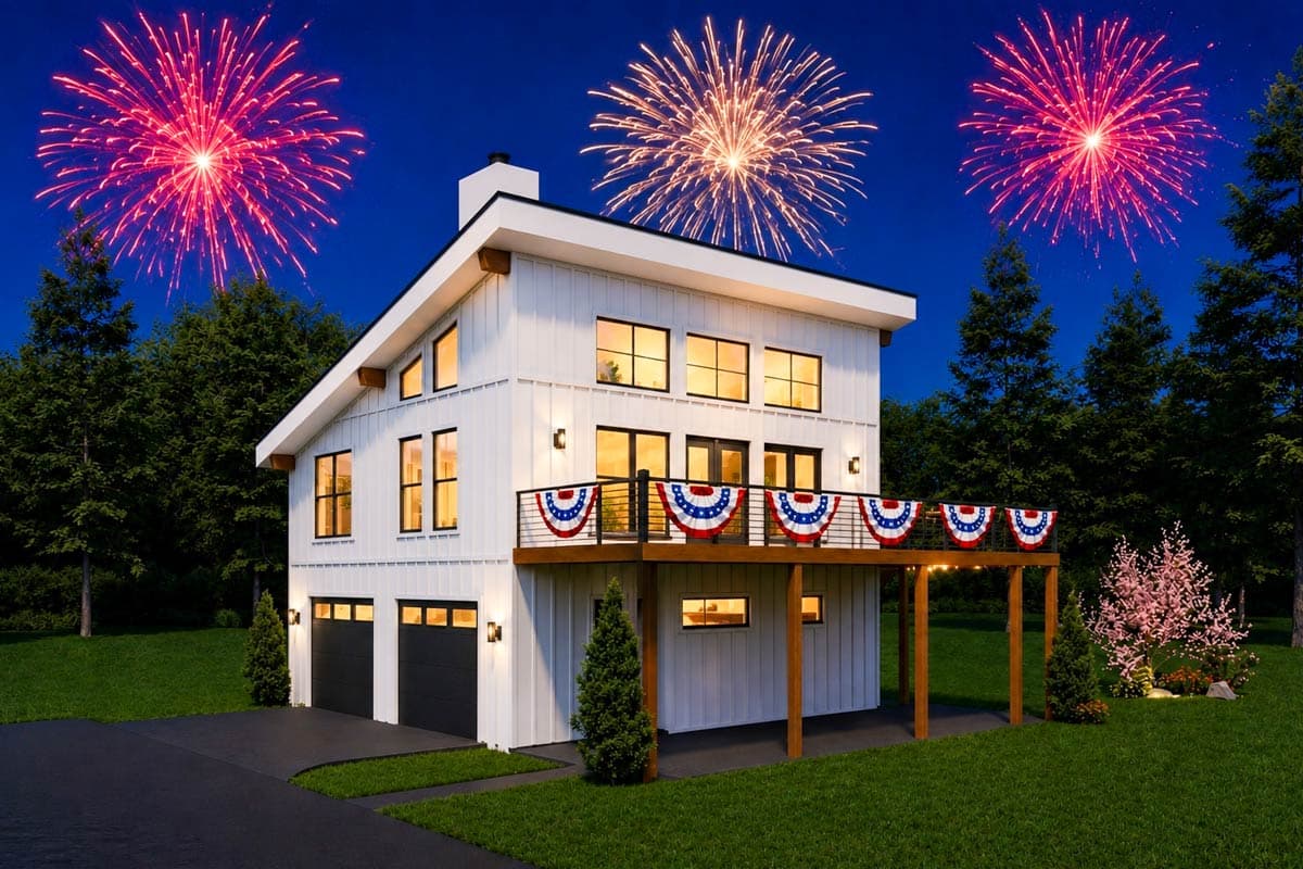 Plan 680640VR: Contemporary Mountain ADU House Plan with Elevated Balcony and Two-Car Garage - Image #1 - Contemporary, Mountain