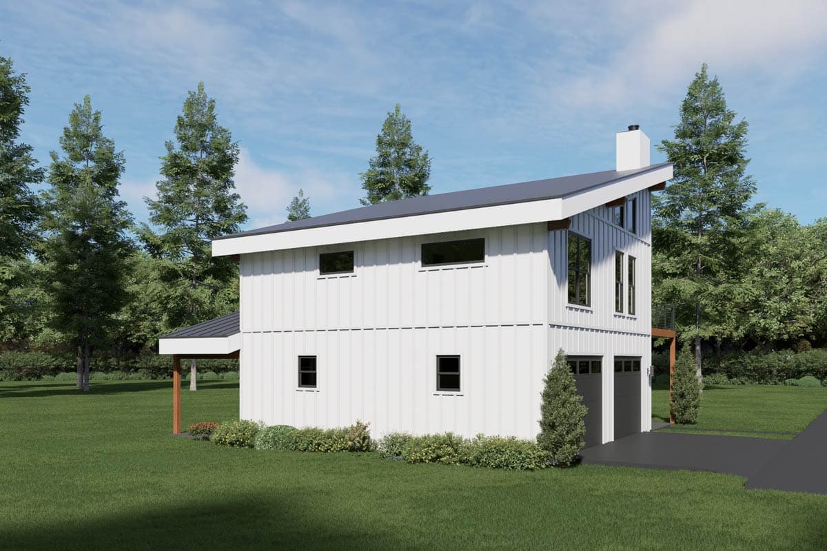 Modern two-story house plan exterior with vertical siding, shed roof, attached two-car garage, and large windows.