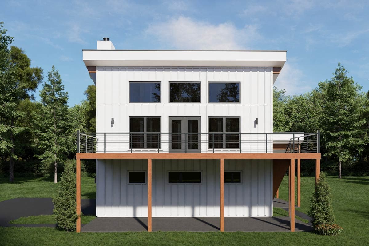 House plan exterior: two-story modern home with white vertical siding, a flat roof, a deck with cable railing, and a chimney.