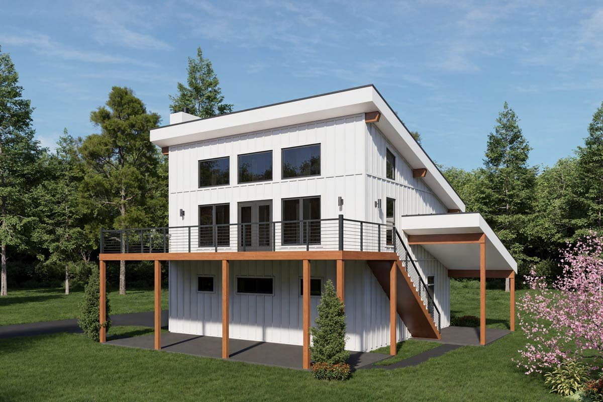 Modern house plan exterior: two stories, vertical siding, large windows, deck with metal railing, and a sloped roof.