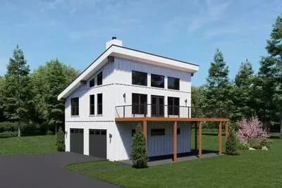 Contemporary Mountain ADU House Plan with Elevated Balcony and Two-Car Garage