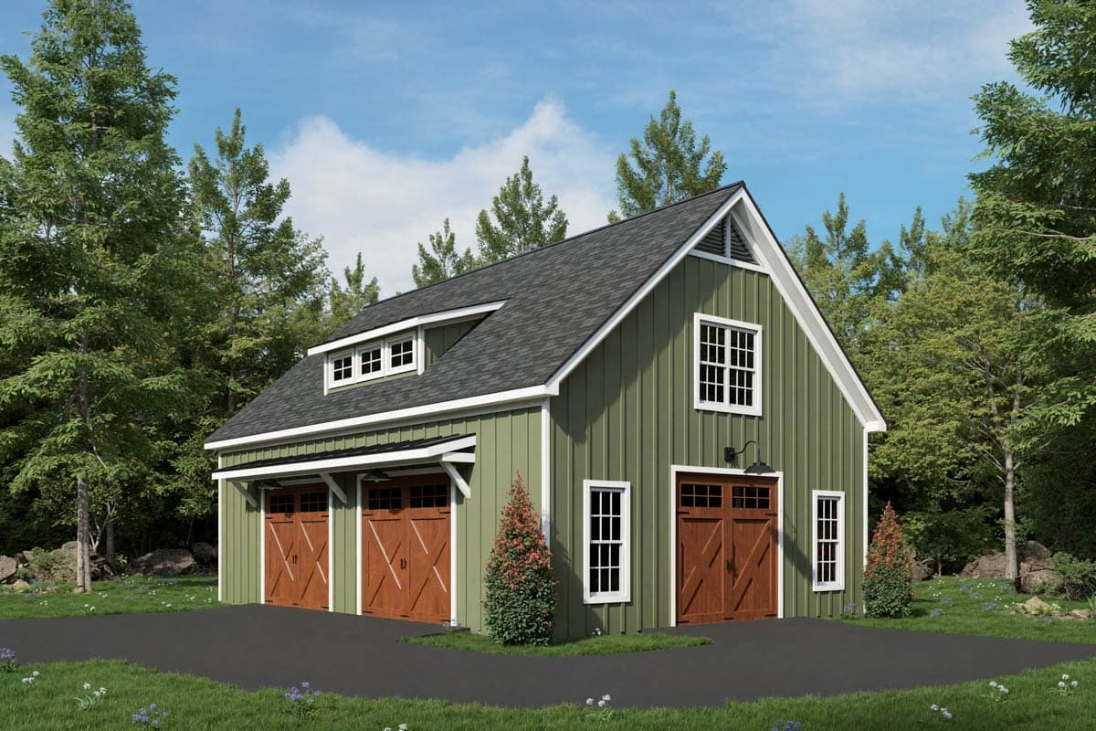 House plan exterior of a two-story garage with three garage doors, dormer windows, and a gable vent.