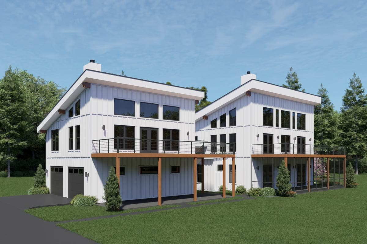 Modern style house plan exterior, two stories, with white board-and-batten siding, asymmetrical gables, large windows, and a wraparound deck.