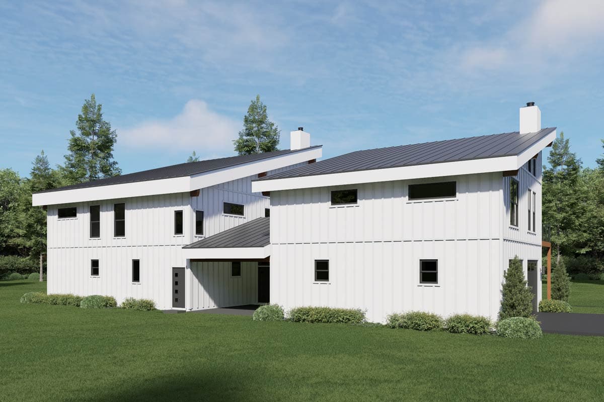 House plan exterior of two-story modern home with asymmetric gables, white board-and-batten siding, dark metal roof, and attached garage.