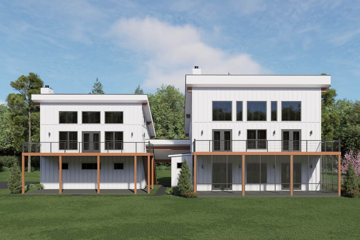 Modern house plan exterior with two stories, horizontal siding, multiple balconies, and extensive glazing on the lower level.