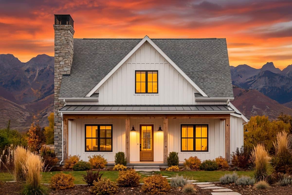 Modern Farmhouse house plan exterior with stone chimney, board and batten siding, gabled roof, and covered porch.