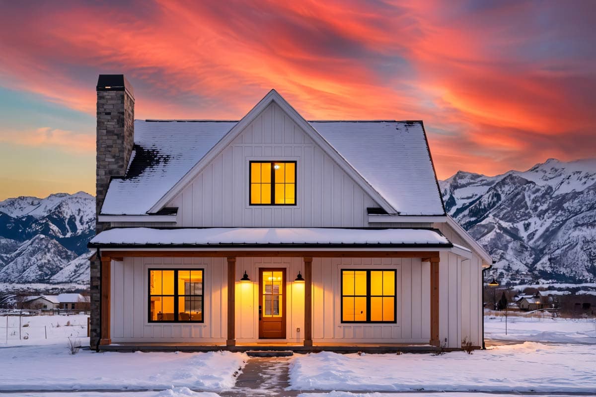 Modern Farmhouse house plan exterior with a prominent stone chimney, covered porch, and gable dormer.