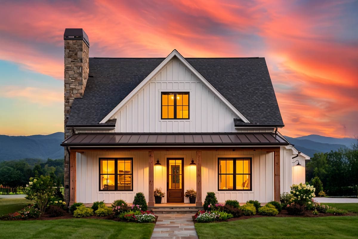 A farmhouse with a white exterior, black roof, and stone chimney sits beneath a dramatic sunset. The porch lights glow, illuminating the entrance.