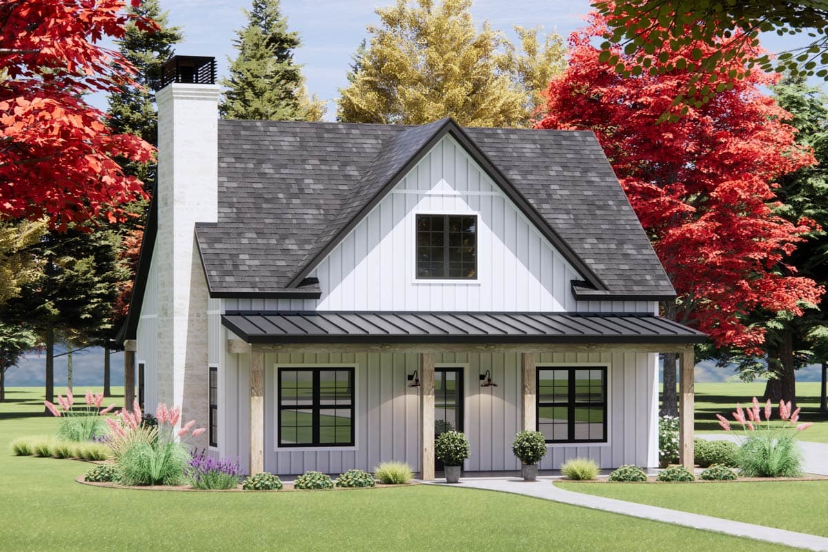 Modern Farmhouse house plan exterior with a large stone chimney, gabled roof, and covered front porch with timber posts.