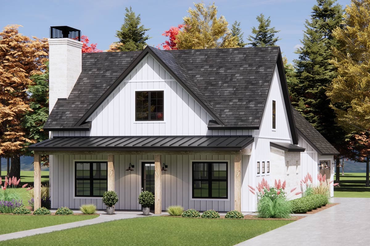 Modern Farmhouse house plan exterior with a prominent gabled roof, metal porch roof, and large stone chimney.
