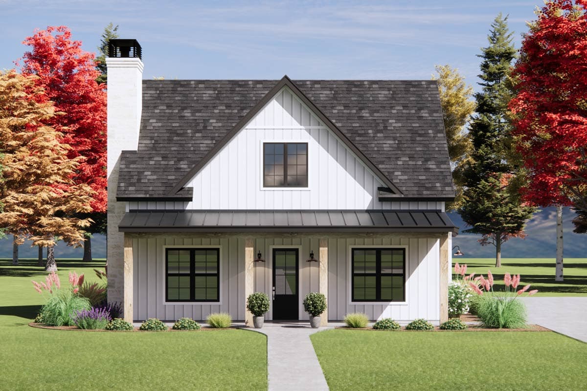 House plan exterior: Modern Farmhouse style, one story, featuring a prominent chimney, metal roof porch, and board-and-batten siding.