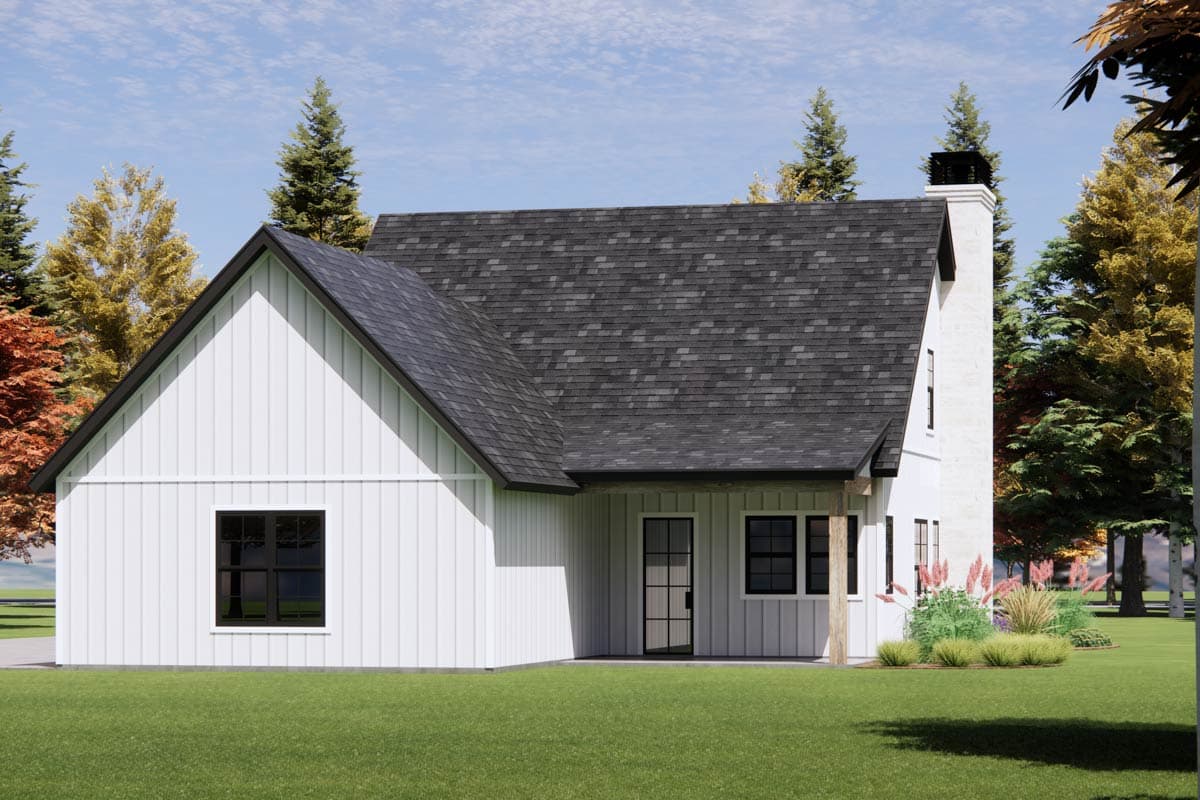 House plan exterior: Modern Farmhouse style, white vertical siding, gable roofline, prominent chimney, and covered entry.