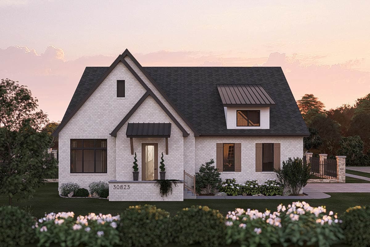 House plan exterior: White brick two-story modern farmhouse with steep gables, metal dormer, and covered entry.