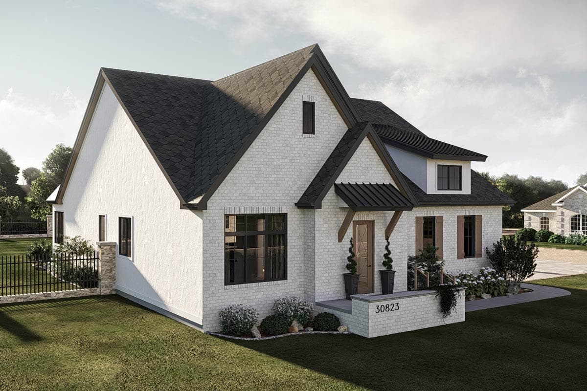 Modern Farmhouse house plan exterior with white brick, metal awnings, dormer window, and stone accents.