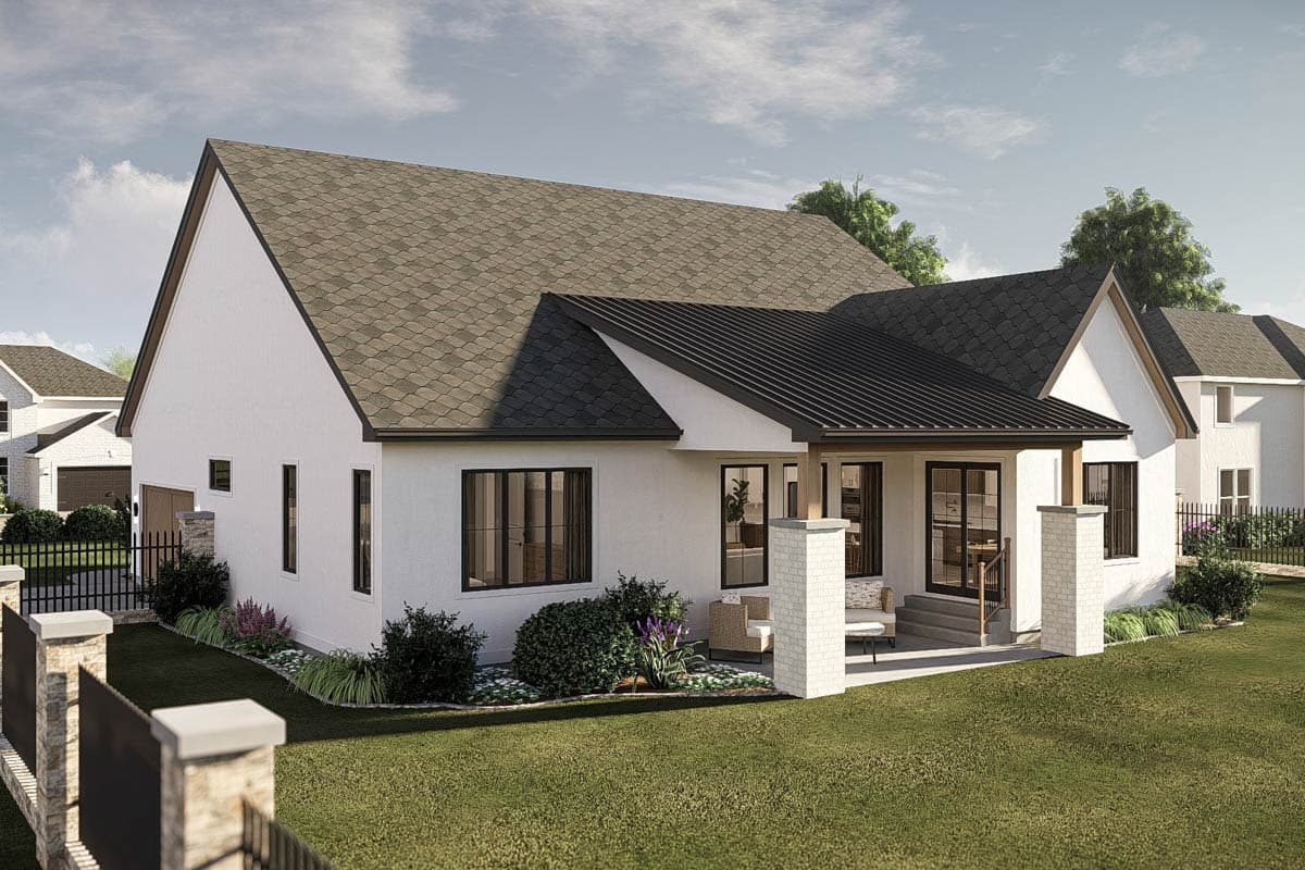 Modern house plan exterior with white stucco walls, pitched rooflines, dark metal roof accents, large windows, and a covered patio.